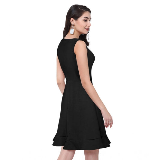 Generic Women's Polyester Solid Round Neck Sleeveless Dress (Black)